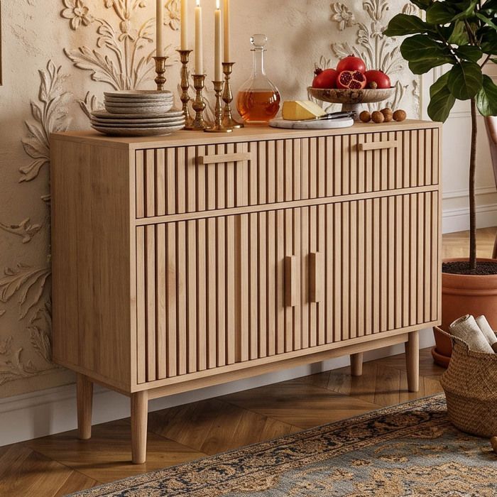Buffet de Cuisine - 100x35x80cm - 2 Tiroirs & 2 Portes Grilletées - Meuble de Rangement Japonais Scandi en Bois Naturel