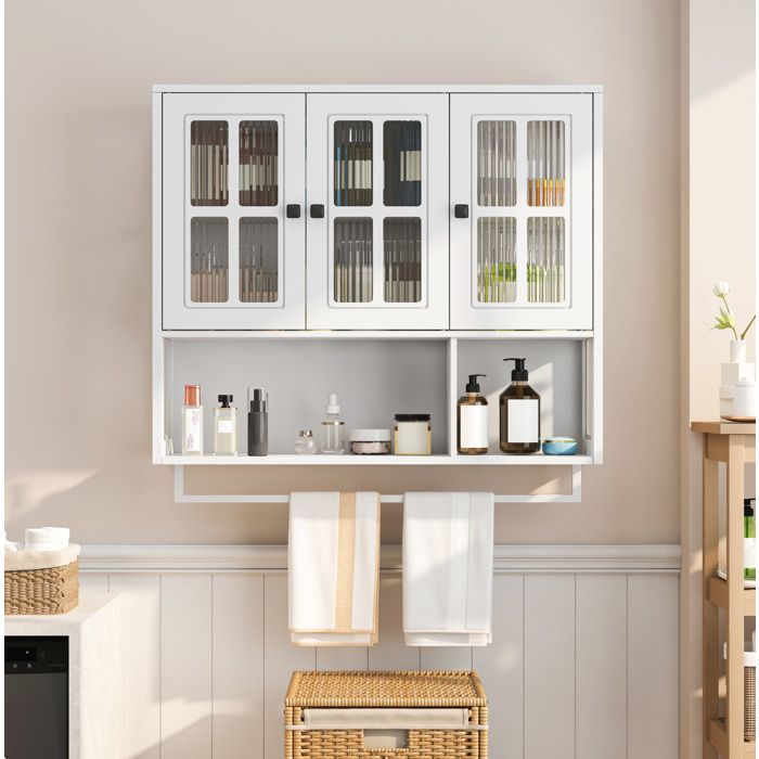 Modenuit armoire murale salle de bain 3 portes avec niche ouverte et barre porte-serviettes blanc