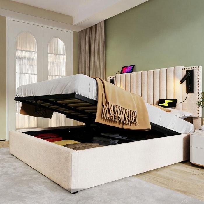 Lit double 180x200 avec tête de lit capitonnée et liseuses USB coffre de rangement tissu coton beige