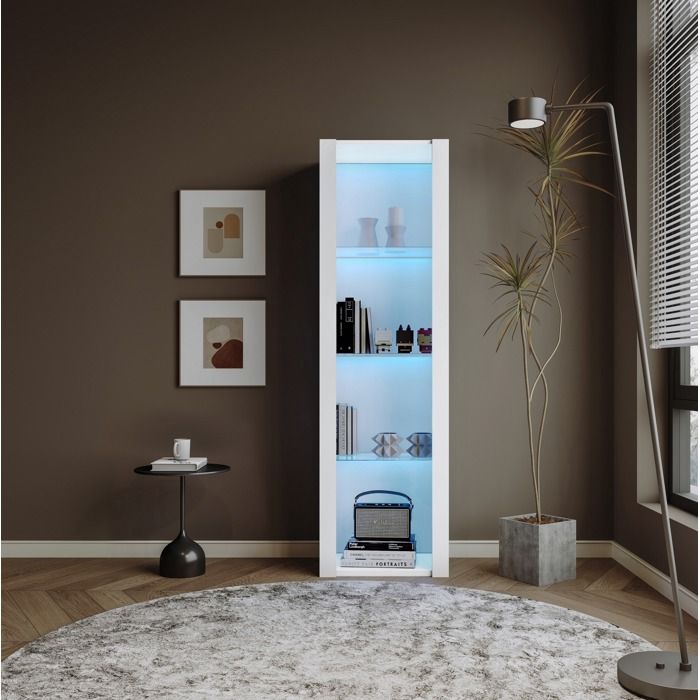 Vitrine sur pied blanche brillante 55 x 38 x 166 cm avec LED 3 étagères en verre