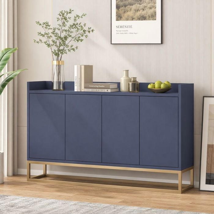 Buffet Bas de Cuisine avec 4 portes Buffet Bahut Modern avec étagères réglable Rangement pour salon Bois Bleu marine 120x30x80cm