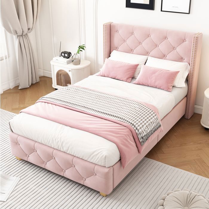 SENVIRO Lit adulte capitonné 90 x 200 cm velours rose sommier à 12 lattes tête de lit haute clous décoratifs pieds en bois