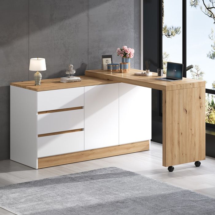 Bureau secrétaire pliant pivotant dangle 120x50x78 cm avec 2 portes et 3 tiroirs roulettes freinées blanc chêne ORVRYN