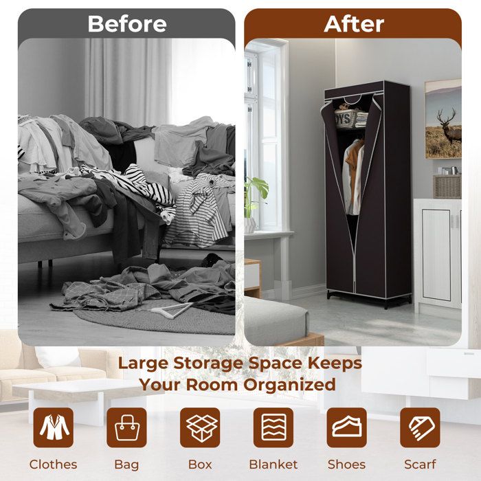 Armoire penderie en toile 73 cm rangement vêtements avec housse anti-poussière zippée pour chambre et studio