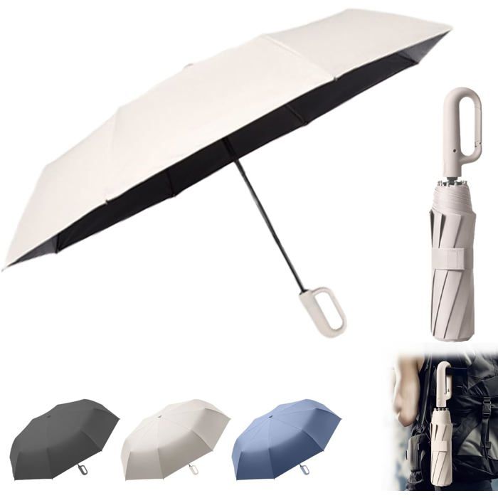 Parapluie pliant beige - Poignée mousqueton - Ouverture automatique - 8 baleines - Protection UV UPF 50+