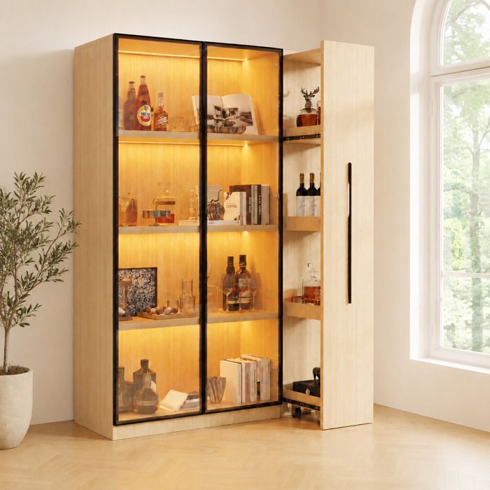 LEMONMAX Armoire Multifonction 110.5x35x160 cm – Vitrine avec LED Porte en Verre Tiroir Latéral à Roulettes Chêne