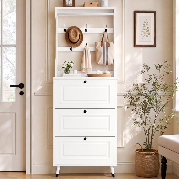WUVRIE Meuble d’entrée avec penderie et range-chaussures 3 portes abattantes blanc MDF
