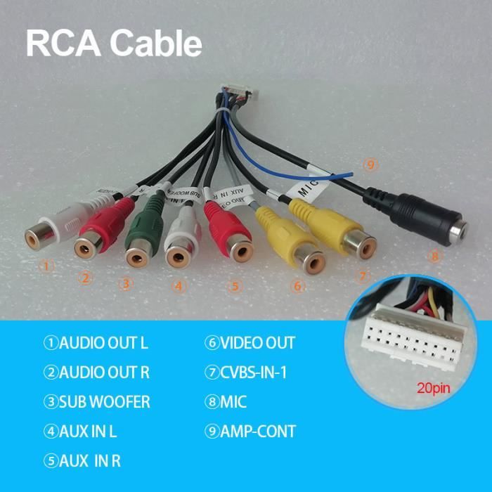 RCA-MIC - Adaptateur de câble de sortie RCA pour autoradio, lecteur DVD  stéréo, 3G, 4G, emplacement SIM, entr