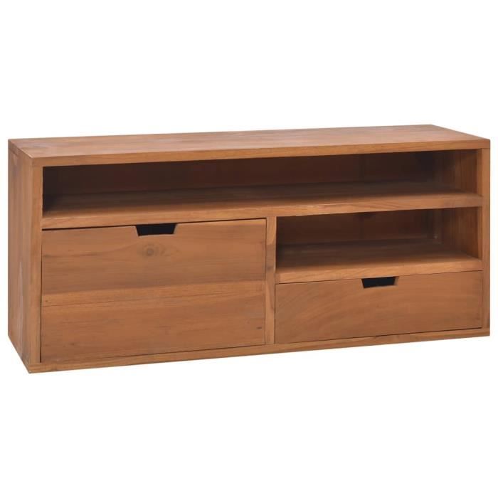 Meuble TV - AKOZON - Bois de teck massif - 90x30x40 cm - Style vintage - 1 grand et 1 petit tiroir