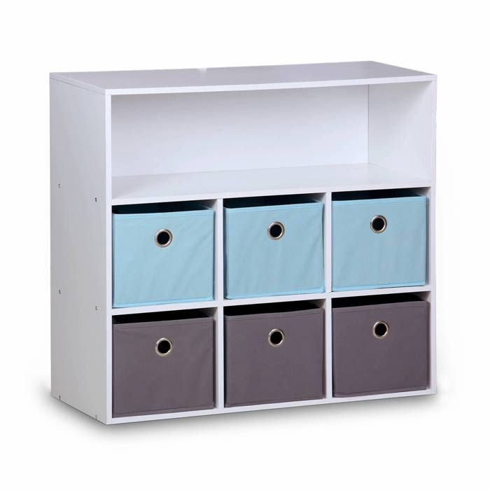 Meuble de rangement pour enfant. blanc - Camille - avec 7 compartiments et 6 paniers gris et bleus