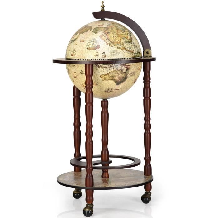 dreamade bar globe terrestre mappemonde casier support a vin bouteilles en bois avec 3 roulettes pour salon chambre cuisine beige la cave cdiscount