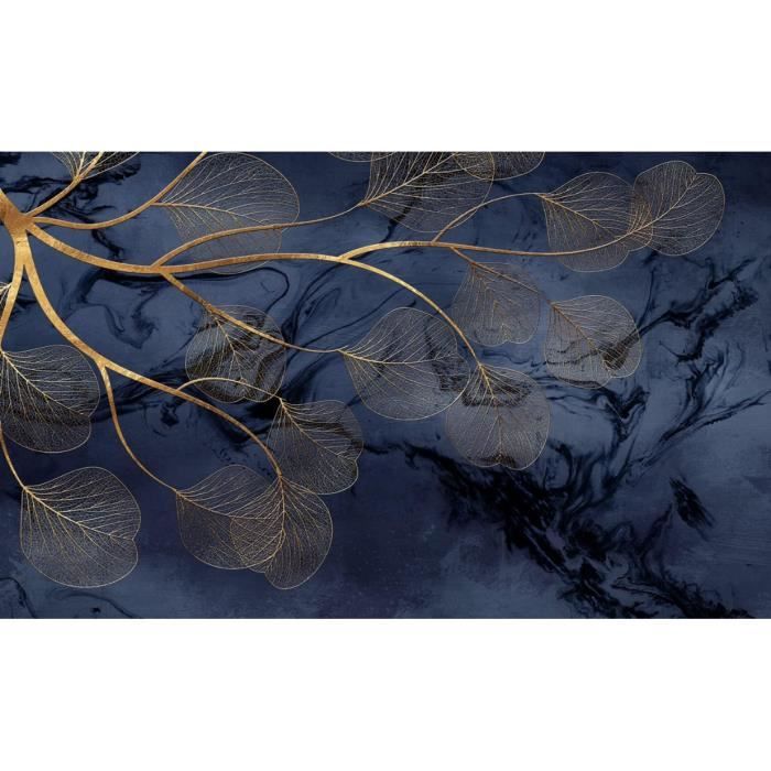 Papier Peint Panoramique 3D Feuilles D'Or Fond D'Art Bleu Branches ...