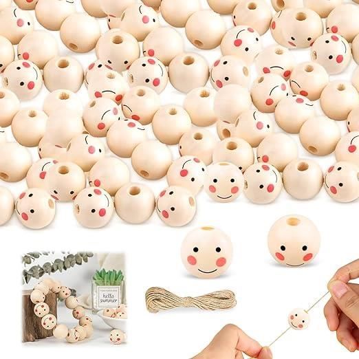 60 Pièces Perles En Bois Souriantes, ø 20 Mm Perles Rondes En Bois Avec