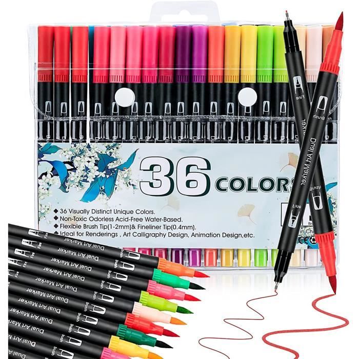 Feutre Coloriage, Longroad 36 Couleurs Stylo Feutre Double Pointe 0.4mm et 2mm, À base d