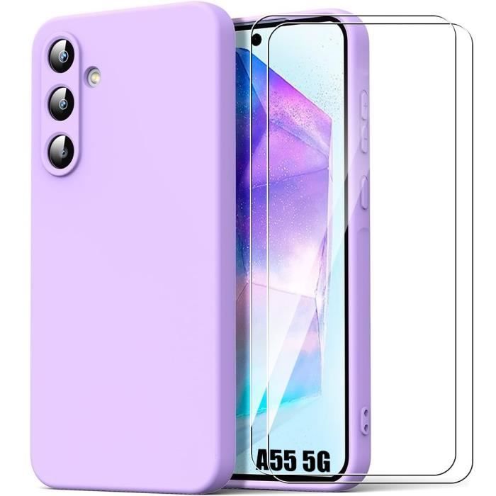 Coque et 2 Verres Trempés pour Samsung Galaxy A55 5G - Protection Silicone Liquide Violet Mat Anti-Rayures