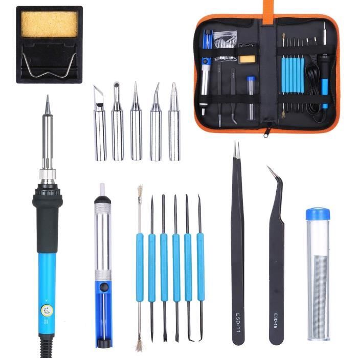 Kit Fer à Souder 60W Température Réglable 220-450°C - Avec 27 Pointes Pyrographie - Pour Soudure électronique, Pyrogravure Bois, Cuir - 12