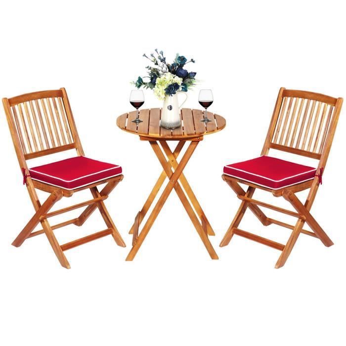 COSTWAY 3PCs Salon de Jardin Pliable en Bois dAcacia - 1 Table 2 Chaises 2 Coussins Rouge Amovibles - Salon Terrasse Bistrot