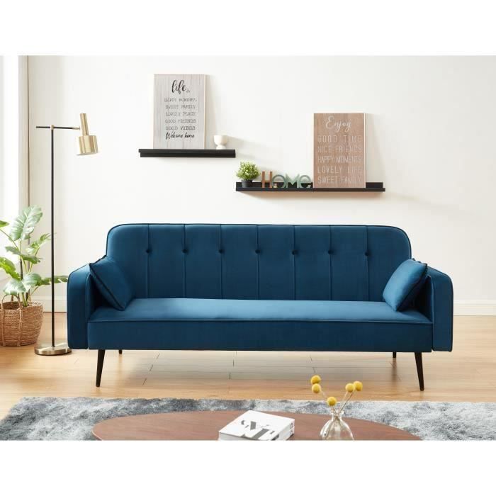 Davenport Canape Droit Convertible Sweety 3 Places Velours Bleu Achat Vente Canape Sofa Divan Cdiscount