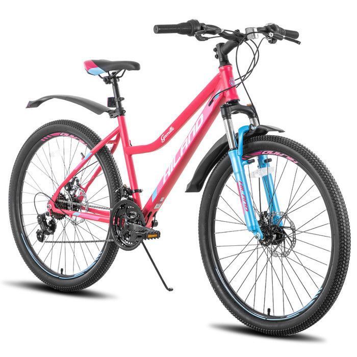 HILAND VTT Femme 26 pouces 21 vitesses avec Suspension Fourche Acier Cadre Freins à Disques et Garde-boue-Rose