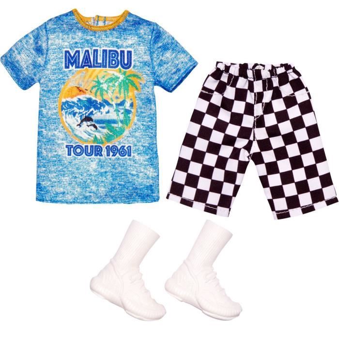 Tenue Barbie Fashion Pack Ken - T-shirt Malibu + Short à carreau noir et  blanc + baskets blanche