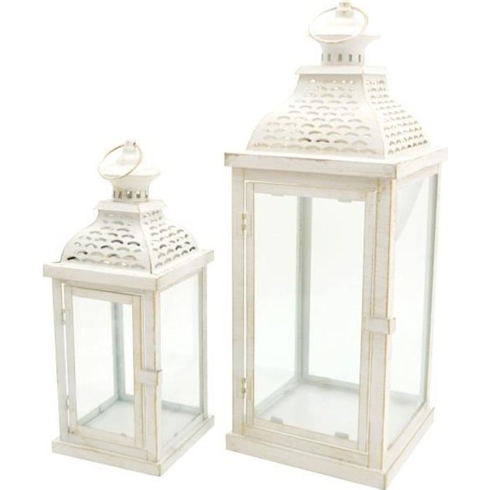 rebecca mobili 2 bougeoirs lanternes métal pvc blanc shabby 50x19x19