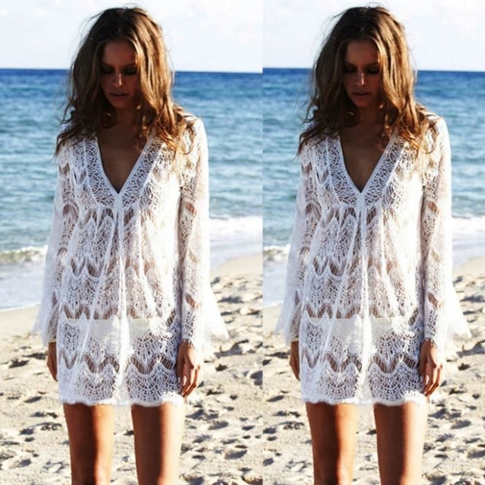 Mini-robe de plage dentelle femme col V Blanc - Achat ...