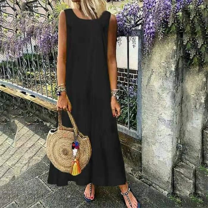 OS Robe longue d contract e en coton sans manches col rond et