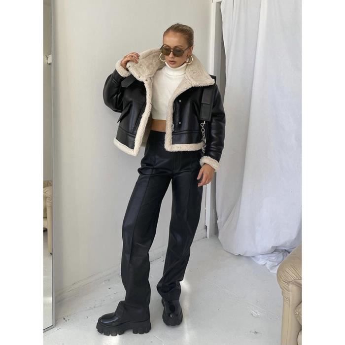Vestes d hiver femmes veste manteaux Faux peau de mouton manteau en peau de mouton retro moto veste polaire femme vestes courtes vet Noir Cdiscount Pret a Porter