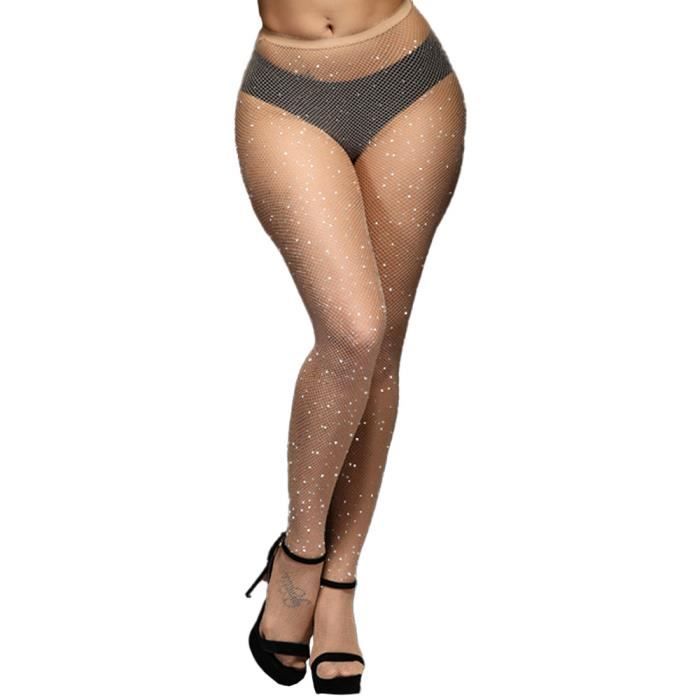 Collants Scintillants Strass Femme - Bas Résille Culotte Creuse Noir, Taille Unique