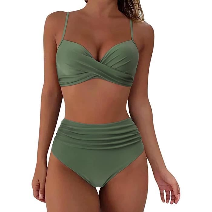 Maillot De Bain Femme Pièces Push Up Taille Haute Femme Bikinis Sets  Maillot De Bain Vintage Floral Col V Bikini Femme(Vert)