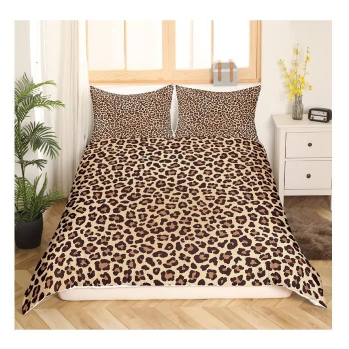 220x240cm Housse de Couette Imprimé Léopard Marron Noir Parure de Lit Imprimé Cheetah Faune Ensembles de Housse de Couette