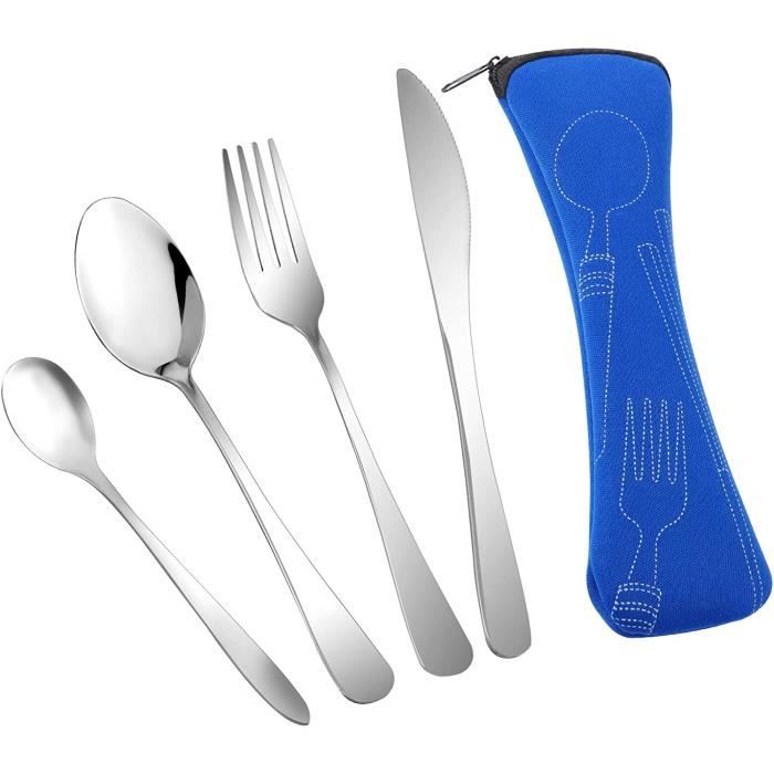 Lot De 2 Sets De Couverts De Voyage Réutilisables Avec étui - Fourchette, Cuillère, Couteau, 20 Cm
