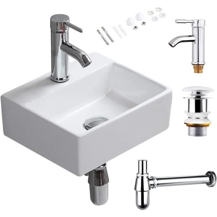 Lavabo Mural Céramique Blanc Avec Robinet - 37x18,5 Cm - Design Moderne - Facile à Nettoyer