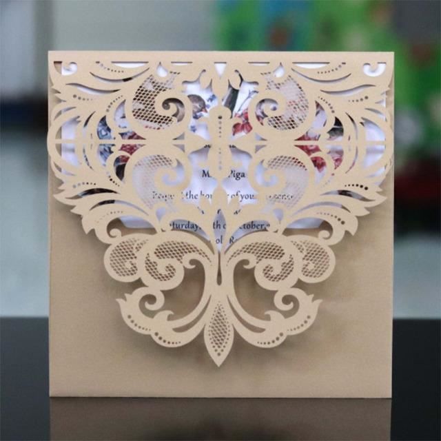 Lot 50 Cartes Invitation Mariage Découpées Laser - Dentelle Florale Champagne - 18x12,5cm - Événements Romantiques