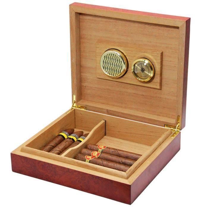 Humidor Cave à Cigares Pour 25 Cigares - Finition Acajou, Hygromètre Inclus, Dimensions 26 X 22 X 6,5 Cm, Coupe-cigarres Inclus