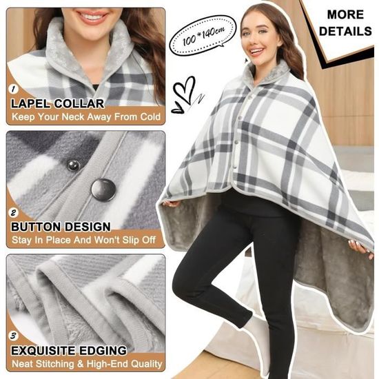 Poncho Polaire Plaid Gehanico - Cape Chaud D'Hiver Avec Boutons Pour Femme (Gris, L)