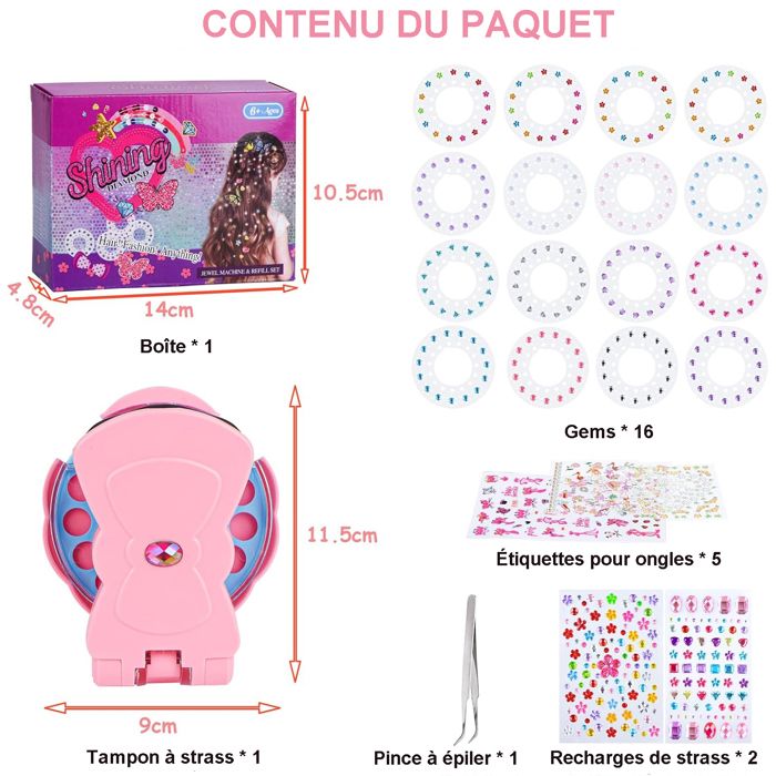 Machine à Strass Cheveux – 180 Gemmes, Kit Bedazzler Créatif, Fille Enfant, Voyage, Paillettes