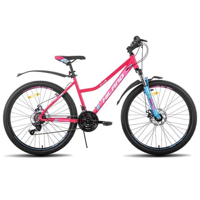 HILAND VTT Femme 26 pouces 21 vitesses avec Suspension Fourche Acier Cadre Freins a Disques et Garde boue Rose