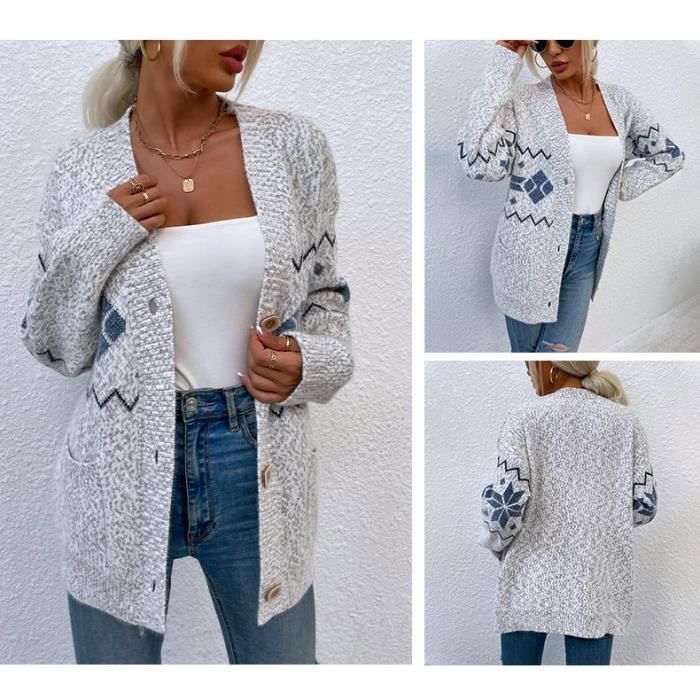Gilet Femme Hiver Tricot Manches longues Chaud Imprime Noel INSFITY Gris clair Col boutonne Gris clair Cdiscount Pret a Porter