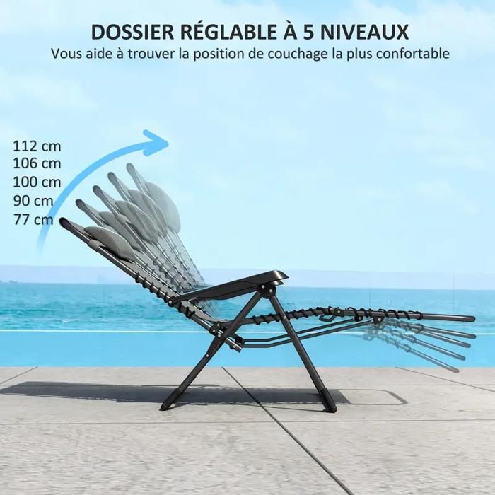 Chaise Longue Pliante Tectake Avec Pare-Soleil - Transat Jardin Plage 4 Positions | Gris 110kg