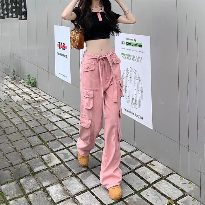 Jean cargo femme taille haute Pantalon large à bretelles multi