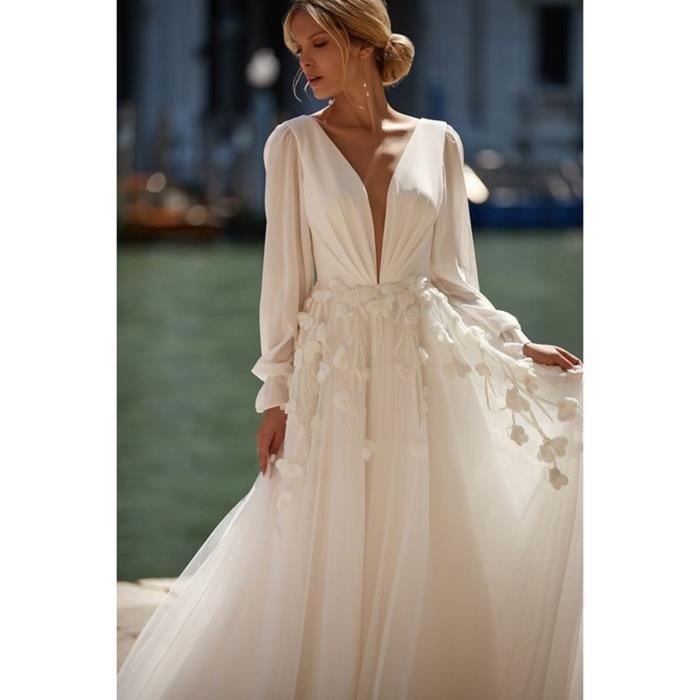 Robe De Mari e l gante En Tulle Manches Longues Bouffantes Dos