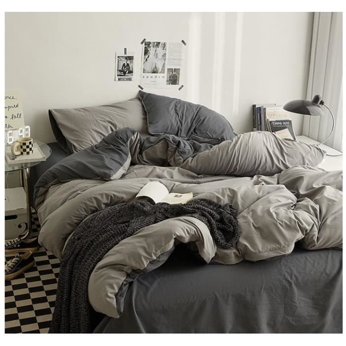 Housse De Couette 200x230 Cm 100% Coton Flanelle - Réversible Gris - Fermeture Éclair - Pour Lit King Size 2 Personnes - 13