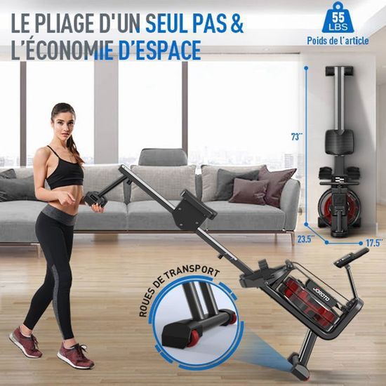 JOROTO - Rameur à Eau MR26 Incliné à 50° | Résistance Intense | 150 Kg Max | Bluetooth & App Kinomap | Compact & Silencieux