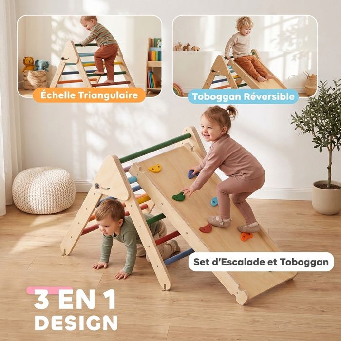 AIYAPLAY Triangle D’escalade 5 En 1 – Arche, Toboggan Réversible, Bascule – Bois De Pin – 18-48 Mois – 50 Kg