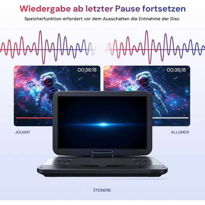Lecteur DVD Blu Ray Portable 15,4" 270° HD 1920x1080 avec Batterie ...