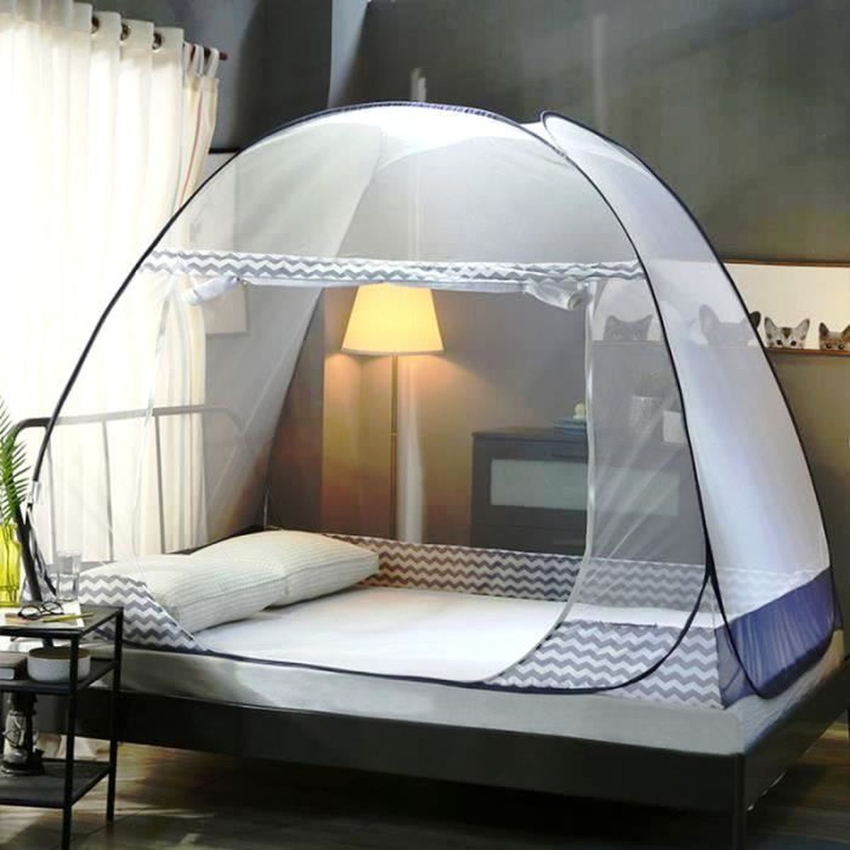 Bleu Moustiquaire Pop-Up Portable Pliante Spacieuse de 3 Ouvertures pour Lits Autoportants avec Fond Net 70 x 86 Pouces pour Voyage Camping Bébé Adulte