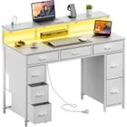 HLONONE LED Bureau avec8 Tiroirs en Tissu, 120 × 50cm Bureau Gaming avec Rangement, 2Prise & 2 Port USB, Table Gaming Blanc