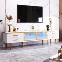 Meuble TV LED Salon Moderne-4 Tiroirs 2 Porte-Buffet bas Brillant Blanc-Armoire de Rangement-170x37x47,5cm