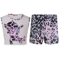Ensemble t-shirt court et shorts pour filles licorne léopard des neiges tamponné - 7-13 ans - Blanc